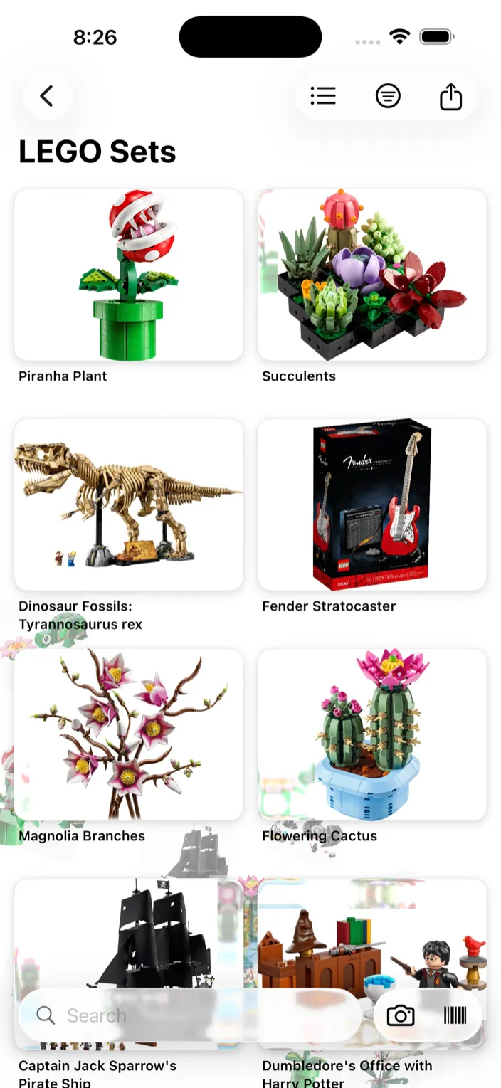 The LEGO Sets collection as a grid of item cards, with list, sort and share buttons at the top