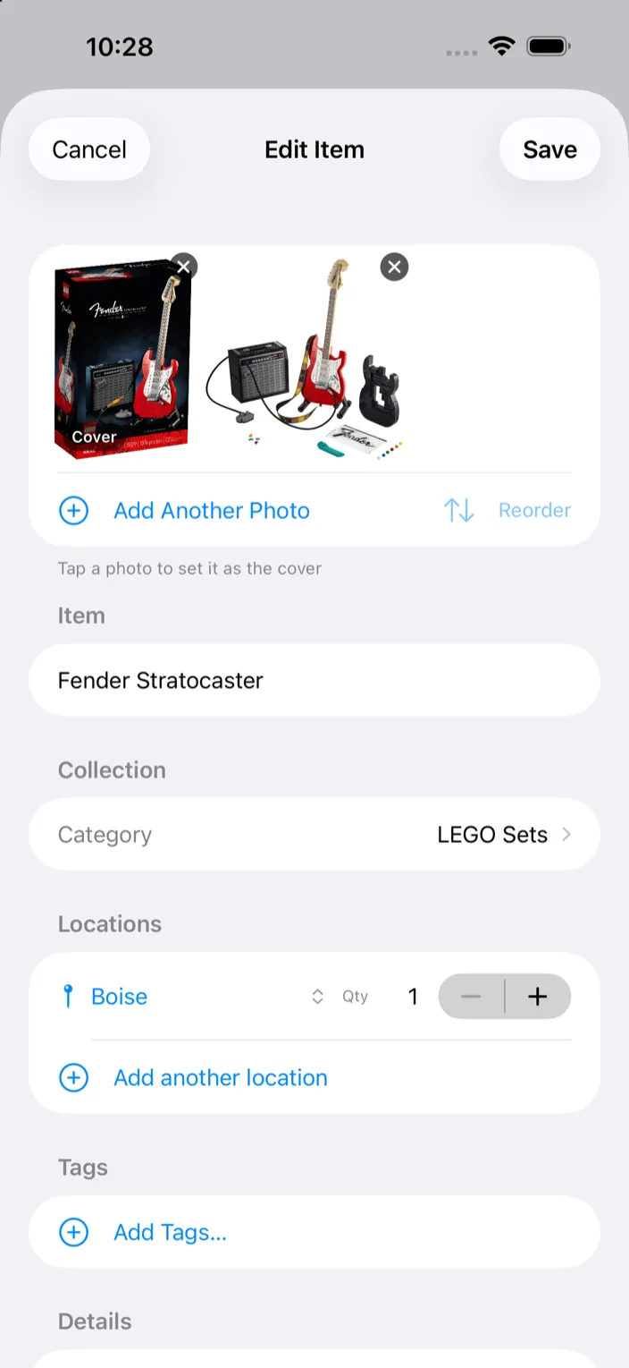 The edit form with a Locations section showing a location, a quantity stepper and Add another location