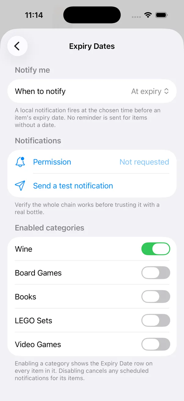 The Expiry Dates settings screen with notification options and per-category switches