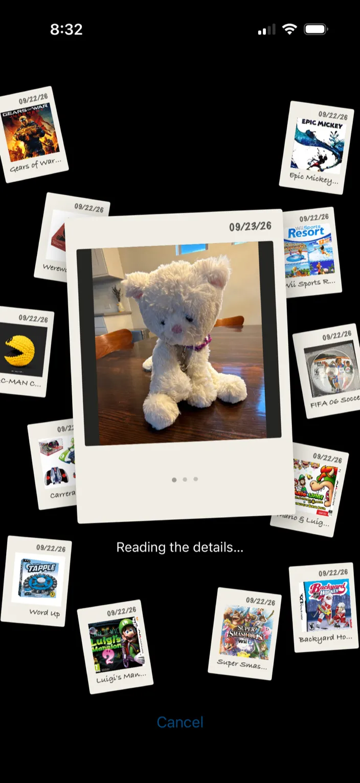 The identifying screen — a polaroid of the photo, with "Reading the details…" beneath it