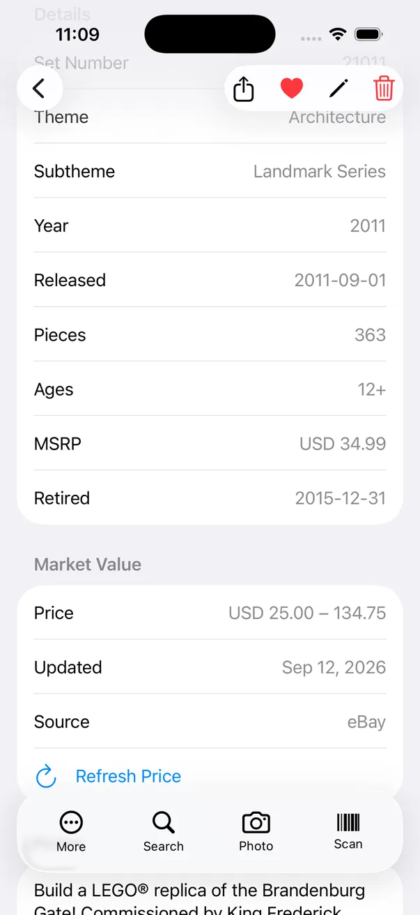 An item's Market Value section showing a USD price range from eBay