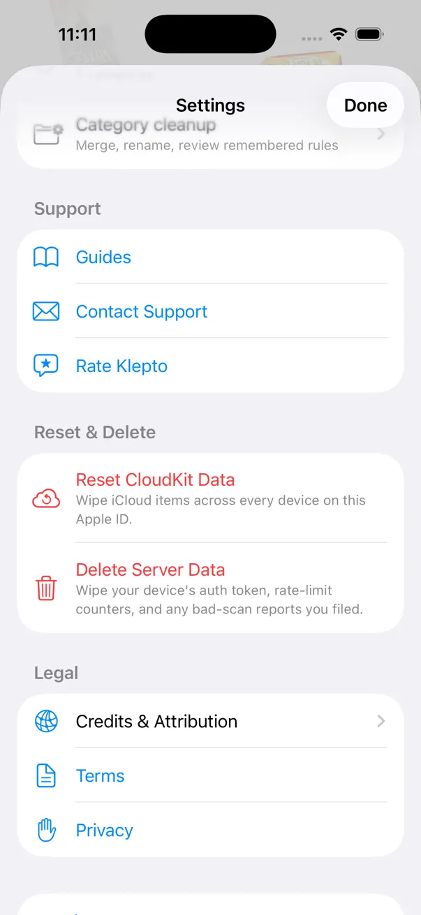 The Reset & Delete section of Settings with Reset CloudKit Data and Delete Server Data