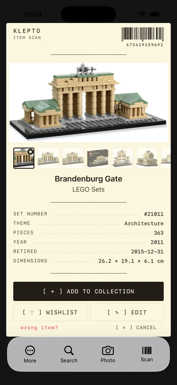 The item card after a barcode lookup, showing the LEGO Brandenburg Gate with set number, theme, pieces and year
