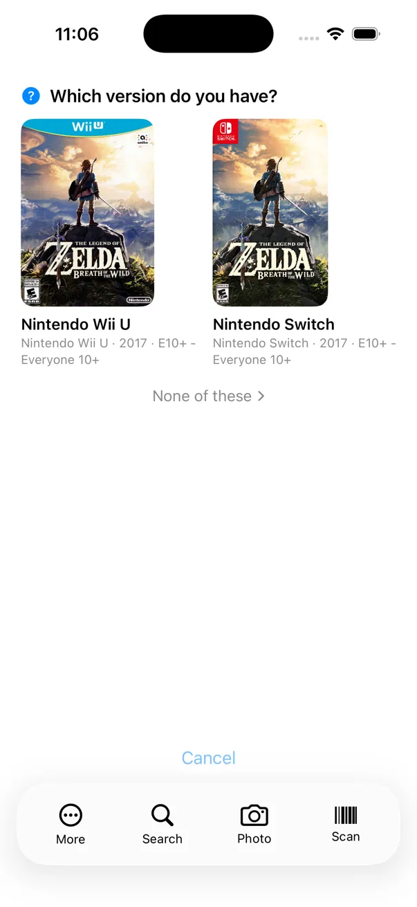 A version picker offering the Wii U and Nintendo Switch editions of the same game