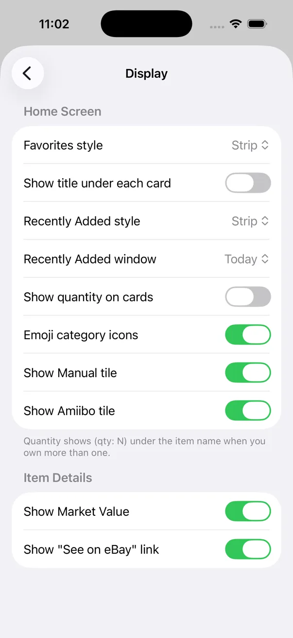 The Display settings screen with Show Market Value turned on