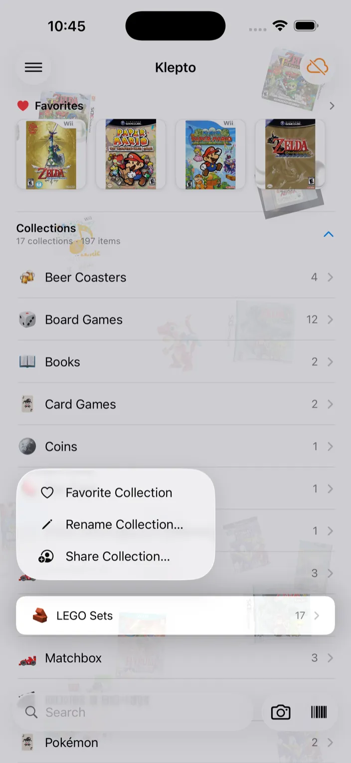 The home screen context menu for a collection: Favorite Collection, Rename Collection…, Share Collection…